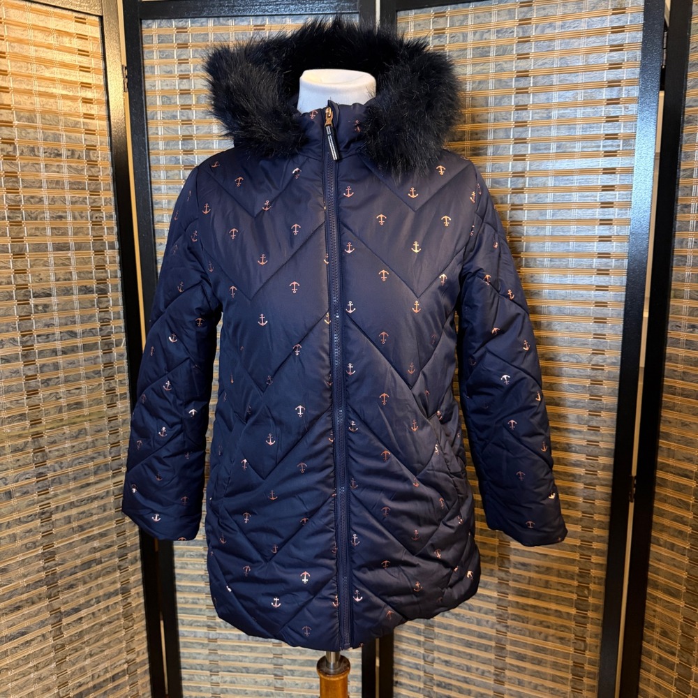 Nautica Puffer Jacket Girls Size L 12/14 Navy Blue Rose Gold Anchor Quilted Hood